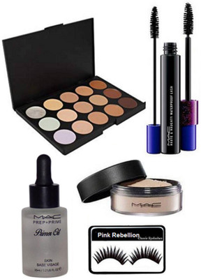 

Pink rebellion Eyelashes & Mac 15 shade Concealer Palette & Loose Powder & Prep+Prime Primer Oil With Haute Naughty Double Effect Mascara(Set of 5)