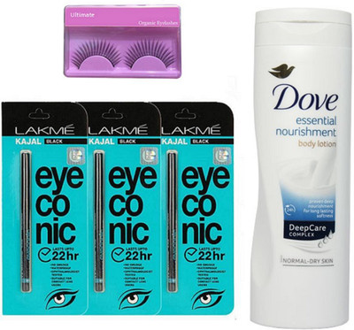

Ultimate Eyelashes, Lakme Eyeconic Kajal Set of 3 With Dove Essential nourishment Body Lotion(Set of 5)