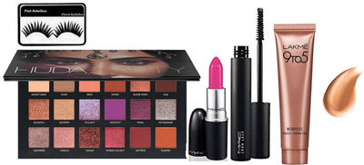 

Pink Rebellion Eyelashes, Huda Beauty Desert Dusk Palette & Mac Candy Yum-yum Lipstick, Zoom Lash Mascara & Lakme 9 To 5 Weightless Mousse Foundation(Set of 5)