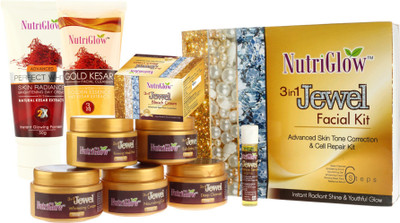 

Nutriglow 3 in 1 Jewel Facial Kit (250+10)g with Bleach and Skin Radiance Day Cream (50 g), Gold Kesar Cleanser (65 ml)(Set of 4)