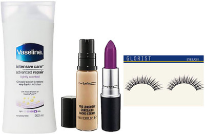 

glorist eyelash & Mac Pro long wear Concealer, Retro Luster Heroine Lipstick & Vaseline Intensive Care(Set of 4)