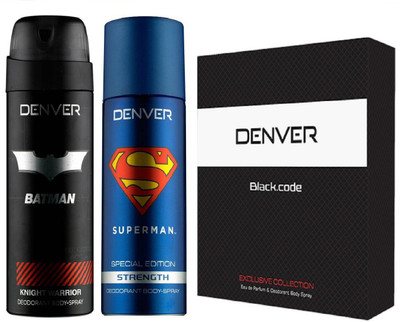 

Denver Batman Knight Warrior Deo 150 Ml + Black Code Perfume Eau de Parfum - 60 ml (For Men) + Superman Power Deo 150 Ml(Set of 3)
