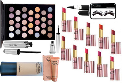 

Studio Fix combo Eyelashes,Mac Fabulous Shade Palette,Stick Kajal,Brooke Candy Eyeliner,Mascara,Matchmaster Foundation& Mousse&Primer Matte Lipstick 10(Set of 17)