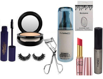 

Exclusive Silicon Puff & Matchmaster Foundation & Mac Compact & Mac Eyeliner & Padma Mascara & Curler & Eyelshes & Lakme 9 To 5 Lipstick(Set of 8)