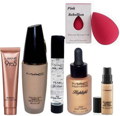 

Pink Rebellion Sponge Puff, Mac Hyper Real Foundation, pro Long wear Concealer, Prep+prime Highlighter, Pearl Gel Primer & Lakme 9 To 5 Weightless Mousse Foundation(Set of 6)