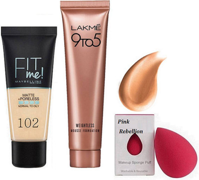 

Pink rebellion Sponge Puff & Fit me Maybelline Matte + Poreless Foundation &Lakme 9 To 5 Weightless Mousse Foundation(Set of 3)