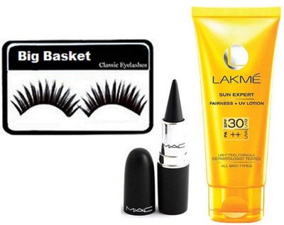 

big basket Eyelashas, Mac Stick Kajal, Lekme Sun Expert Cream(Set of 3)