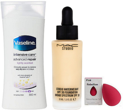 

Pink Rebellion Sponge Puff & Studio Water weight Foundation & Vaseline Intensive Care(Set of 3)