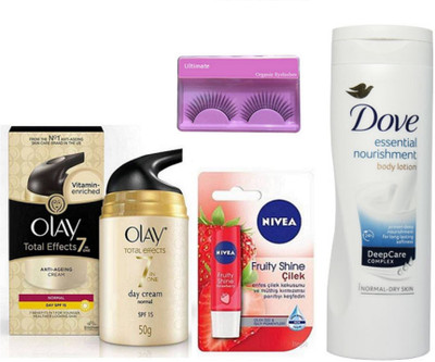 

Ultimate Eyelashes With Olay Total Day Cream ,Nivea Lip Balm With Dove Essential nourishment Body Lotion(Set of 4)