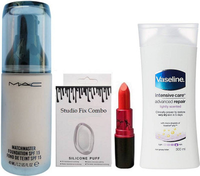 

power point Silicon Puff & Matchmaster Foundation & Lady Gaga Lipstick & Vaseline intensive care advanced repair lightly scented(Set of 4)