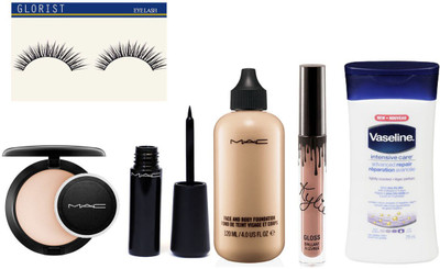 

glorist Eyelashes & Mac Mascara & Compact& Matchmaster Foundation& Kylie Birthday Edition Nude Shade Lipgloss &Vaseline intensive care advanced repair lightly scented(Set of 6)