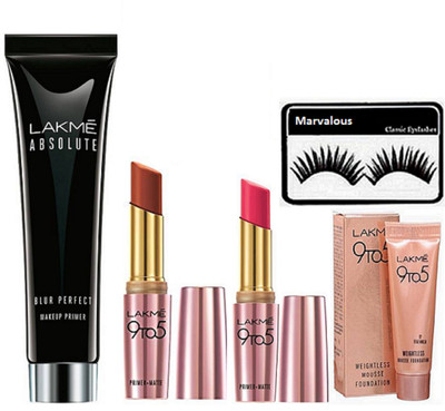 

Marvalous eyelashes , lakme absolute blur perfect primer , primer matte lipstick (set of 2) ,weightless mousse foundation(Set of 5)