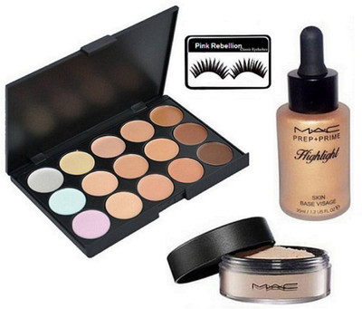 

Pink Rebellion Eyelashes & Mac 15 Shades Concealer Palette & Loose powder & Highlight(Set of 4)