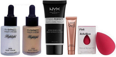 

Pink rebellion Sponge Puff & prep+prime Highlight(pack Of 2), Nyx Studio Perfect Photo-loving Face Primer Gel & Lakme 9 To 5 Weightless Mousse Foundation(Set of 4)