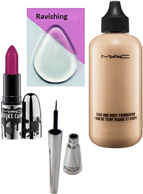 

ravishing silicon Puff , Mac Face & Body Foundation,Brooke Candy Lipstick With Eyeliner(Set of 4)