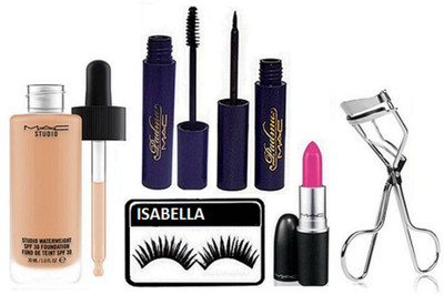 

ISABELLA Eyelashes,Mac Padma Eyeliner,Mascara & Eyelashes Curler,Matte Lipstick With Studio Waterweight Foundation(Set of 6)