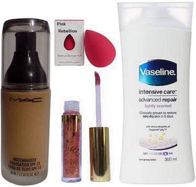 

Pink rebellion Sponge Puff & Mac Matchmaster SPF 15 Foundation, Kylie Liquid Lip Gloss & Vaseline Intensive Care(Set of 4)