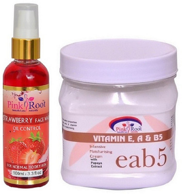 

Pink Root Strawberry Face Wash 100ml WITH Vitamin E, A & B5 Cream 500ml(Set of 2)