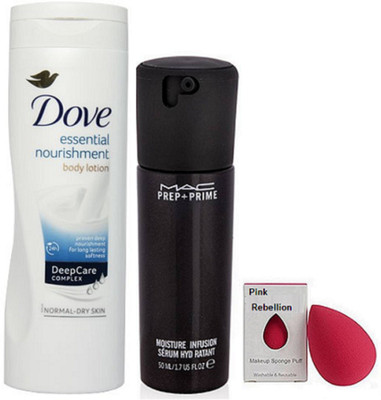 

Pink rebellion Sponge puff with mac prep+prime moisture infusion serum hydrant & Dove Essential Nourishment Body Lotion(Set of 3)