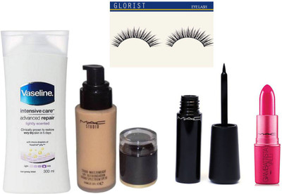 

glorist eyelash and Mac Studio WaterWeight Spf 30 Foundation, Liquid Last Eyeliner, mac ipstick & Vaseline intensive care advanced repair lightly scented(Set of 5)