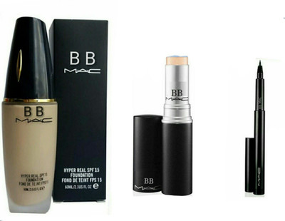 

BB MAC hyper real spf 15 foundation (60 ml) , matchmastes concealer correctore (3.5 g) & waterproof modern twist kajal sketch pen eyeliner. (combo set of 3)(Set of 3)
