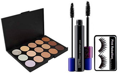

Pink rebellion Eyelashes & 15 shade Concealer Palette & Haute and Naughty Double Effect Mascara(Set of 3)