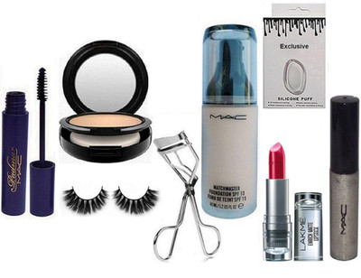 

Exclusive Silicon Puff & Matchmaster Foundation & Mac Compact & Mac Eyeliner & Padma Mascara & Curler & Eyelshes & Lakme Enrich Lipstick(Set of 8)