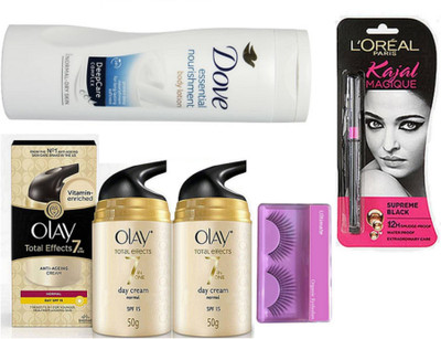 

Ultimate Eyelashes, Olay Total Effects 7 In One Day Cream Normal Spf 24 & Dove Essential nourishment Body Lotion & With Magique Kajal(Set of 5)
