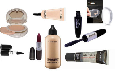 

tiara Silicone Puff , Mac Select Cover up Concealer , Infalliable mattifying Primer , Compact , Matte Lipstick , Stick Kajal , Color bar eyeliner & Mascara , Face & Body Foundation(Set of 8)