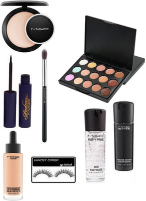 

FANCIFY COMBO eyelashes ,mac liner ,brush, studio foundation , primer , face serum ,concealer palette, compact(Set of 8)