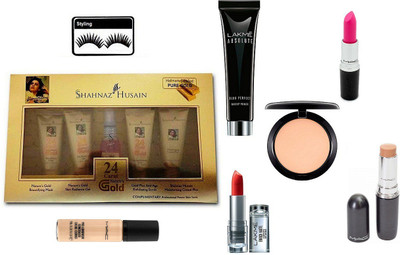 

Styling Eyelashes, Mac Stick Concealer,Compact, Candy Yum Yum Lipstick, Pro LongWear Concealer, Lakme Absolute Blue Perfect Makeup Primer, Enrich Matte Finish Lipstick, Shahnaz Husain 24 Carat Natural's Gold(Set of 8)