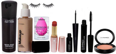 

catherine Sponge Puff,Eyelashes,Mac Foundation,Liqidlast Eyeliner,Haute & Naughty Mascara,Blusher,Prep + Prime Moisture Infusion Hydratant Face Serum,Lakme 9 to 5 Matte Primer Lipstick(set of 8)(Set of 8)