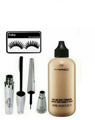 

BB MAC face & body foundation (120 ml), 1 pair of eyelashes, liquid eyeliner & mascara. (combo set of 4)(Set of 4)