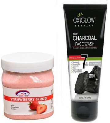 

Pink Root STRAWBERRY SCRUB 500ML WITH OXYGLOW CHARCOAL FACE WASH(Set of 2)
