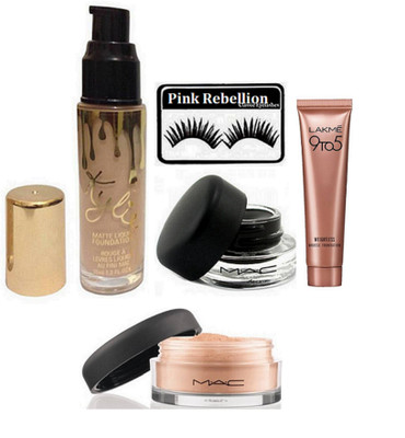 

Pink Rebellion Eyelashes & Kylie Matte Liquid Foundaiton & Gel Eyeliner & Lakme 9 To 5 Weightless Mousse Foundation & Loose Powder(Set of 5)