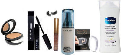 

power point Silicon Puff & Eyelashes & Mac Mascara & Compact& Matchmaster Foundation& Kylie Birthday Edition Nude Shade Lipgloss &Vaseline intensive care advanced repair lightly scented(Set of 6)