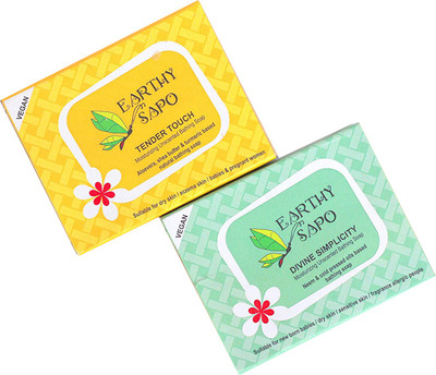 

Earthy Sapo Sensitive Skin Soap combo 2 soaps (1 each of) -Divine Simplicity Moisturizing Unscented Bathing Soap (neem) + Tender Touch Moisturizing Unscented Bathing Soap (turmeric & shea butter(200 g, Pack of 2)