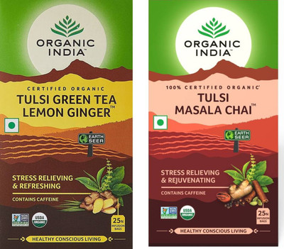 

Organic India Tulsi Green Tea Lemon Ginger 25 Tea Bags & Tulsi Masala Chai 25 Tea Bag Tulsi Tea Bags(50 Bags, Box)