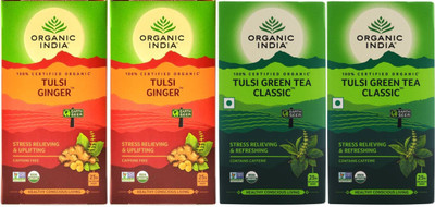 

Organic India Tulsi Green Tea 25 Tea Bag & Tulsi Ginger Tea 25 Tea Bags (Pack of 4, Each 2) Tulsi Tea Bags(100 Bags, Box)