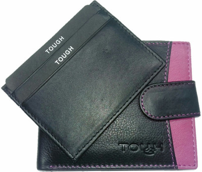 

TOUGH Men Casual Black Genuine Leather Wallet(5 Card Slots), Black-pink