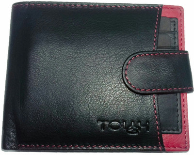 

TOUGH Men Casual Black Genuine Leather Wallet(3 Card Slots), Black-red