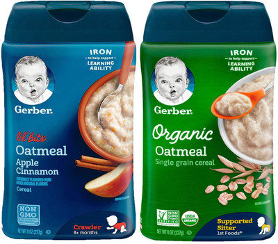 

Gerber Cereal Combo 227g (8oz) (Pack of 2) - Lil Bits Oat Apple Cinnamon + Organic Oatmeal Cereal Cereal(454 g, Pack of 2, 6)