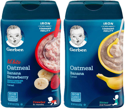 

Gerber Cereal Combo 227g (8oz) (Pack of 2) - Lil Bits Oat Banana Strawberry + Oatmeal & Banana Cereal(454 g, Pack of 2, 6)