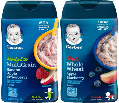 

Gerber Cereal Combo 227g (8oz) (Pack of 2) - Hearty Bits Banana Apple + Lil Bits WW Apple Blueb Cereal(454 g, Pack of 2, 6)
