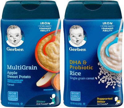 

Gerber Cereal Combo 227g (8oz) (Pack of 2) - Multigrain & Apple Sweet Potato + Rice DHA & Probiotic Cereal(454 g, Pack of 2, 6)