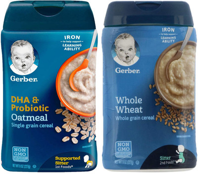 

Gerber Cereal Combo 227g (8oz) (Pack of 2) - Oatmeal Cereal DHA & Probiotic + Whole Wheat Cereal Cereal(454 g, Pack of 2, 6)