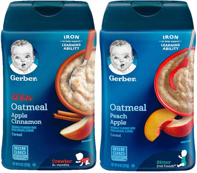 

Gerber Cereal Combo 227g (8oz) (Pack of 2) - Lil Bits Oat Apple Cinnamon + Oatmeal Peach Apple Cereal(454 g, Pack of 2, 6)