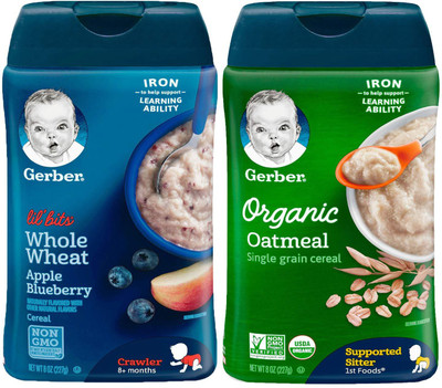 Gerber Cereal Combo 227g (8oz) (Pack of 2) - Lil Bits WW Apple Blueberry + Organic Oatmeal Cereal Cereal(454 g, Pack of 2, 6)