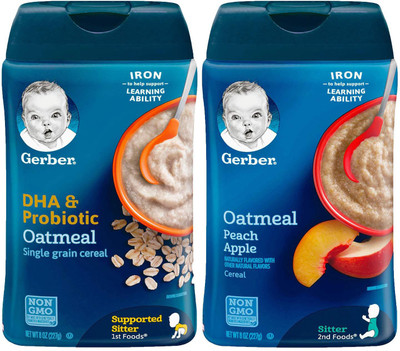 

Gerber Cereal Combo 227g (8oz) (Pack of 2) - Oatmeal Cereal DHA & Probiotic + Oatmeal Peach Apple Cereal(454 g, Pack of 2, 6)