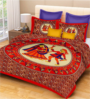 SAWAN HANDLOOMS 240 TC Cotton Double Printed Flat Bedsheet(Pack of 1, Red)